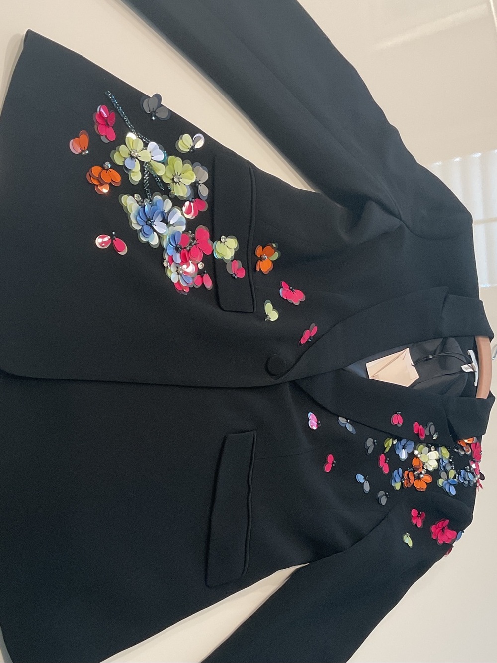 cinq a sept Black Blazer with Multicolor Floral Appliqué
